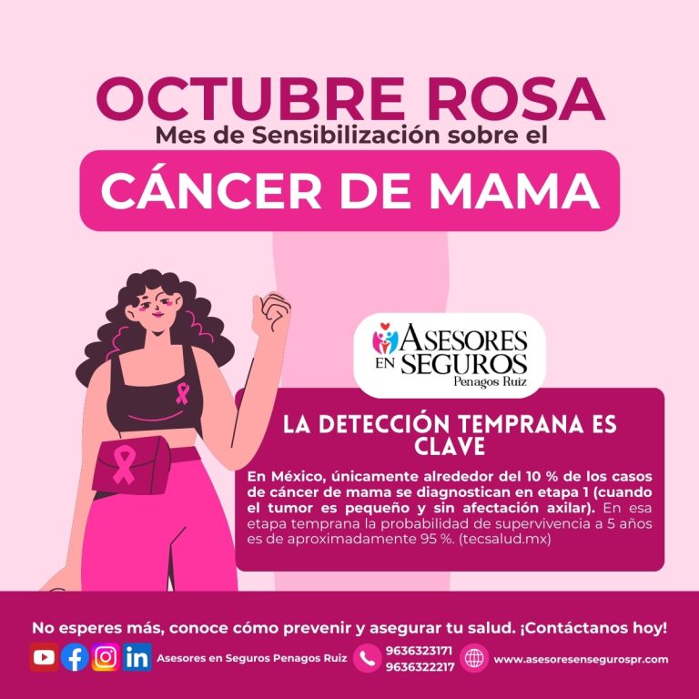 Mujer realizando un chequeo médico con la frase “La detección temprana es clave” durante el Mes de Sensibilización sobre el Cáncer de Mama, promovido por Asesores En Seguros Penagos Ruiz.